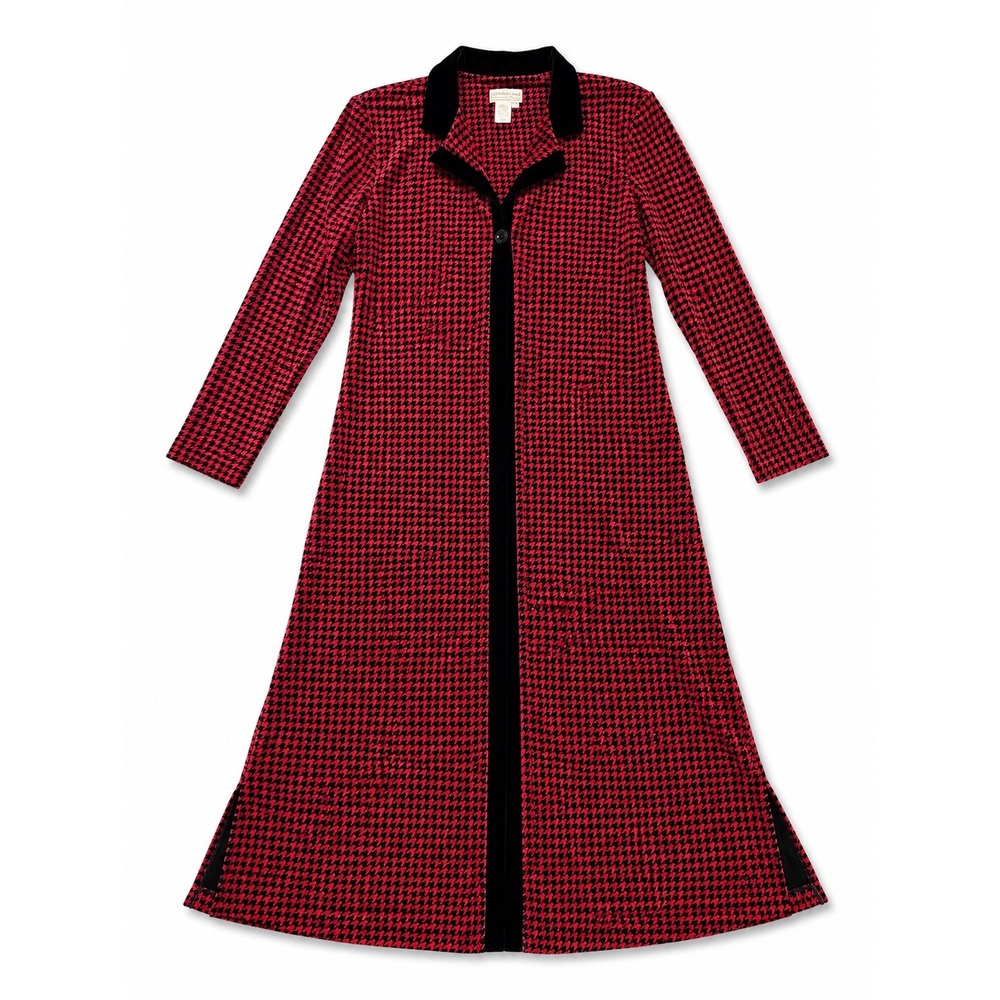 Y2K Coldwater Creek Red Black Houndstooth Velvet Duster Cardigan Robe PL Large